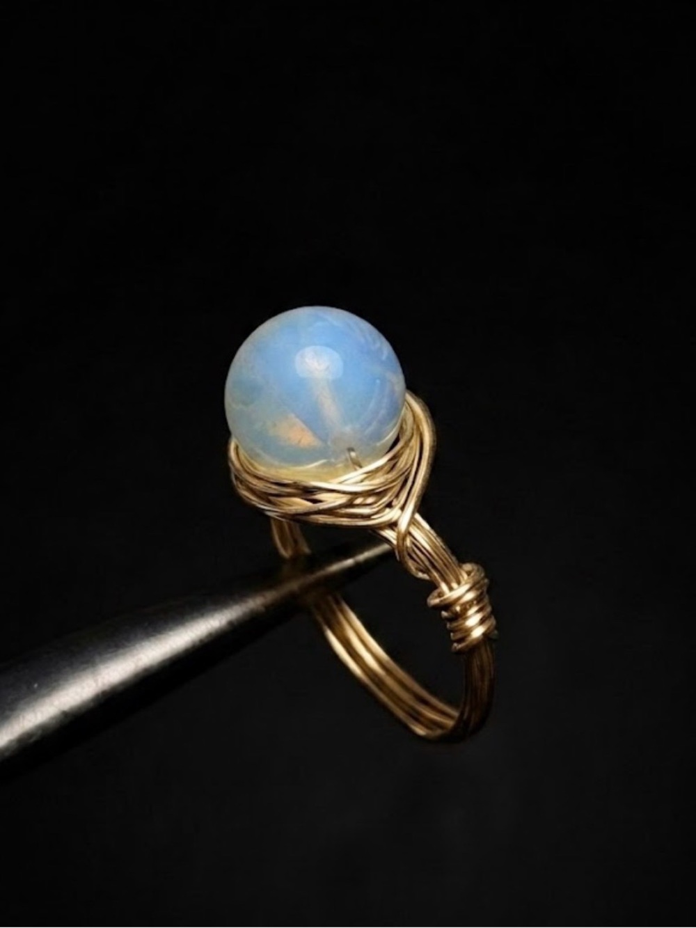 Artisan Gold Wire Genuine Opalite Ring size 8 Blue Opal Gemstone